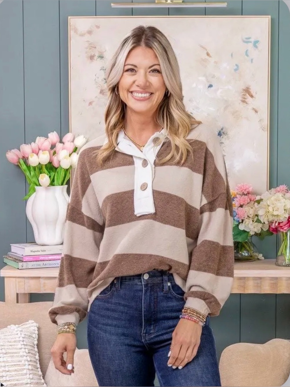 Zenana Brown and Cream Striped Button-Neck Pullover soft Hacci material